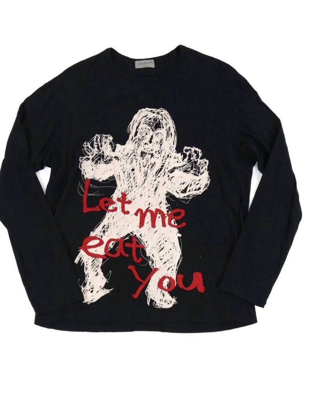 Yohji Yamamoto Black Long Sleeve Tee with White Graphic and Red Text
